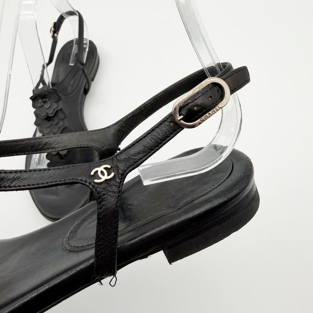 Chanel Camellia Sequin Black Leather Thong Sandal Flat Silver CC Logo Shoes 36.5 - Picture 11 of 12